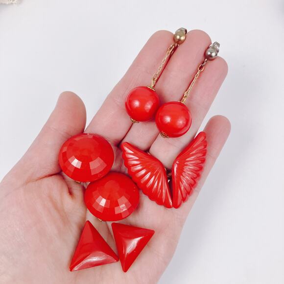 Vintage Marked Germany Lot of 4 Earrings MCM Cherry Red Bombshell Wings Clip On - Picture 2 of 8